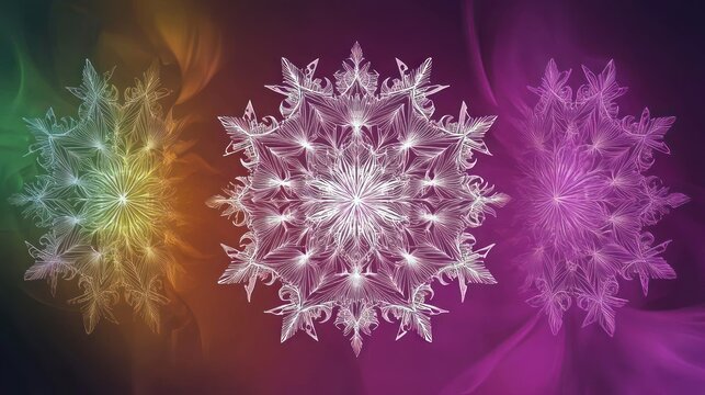 Three ornate translucent snowflakes with intricate patterns glowing in white, green, orange, and purple hues against a dark blurred background creating a mystical, delicate atmosphere