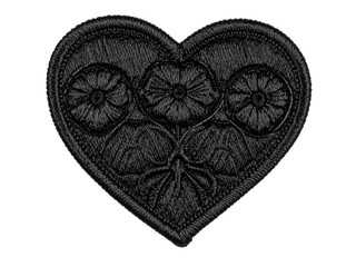 Black embroidered heart patch closeup isolated on white background, perfect for clothing, accessories, customization, or creative DIY projects and crafts.