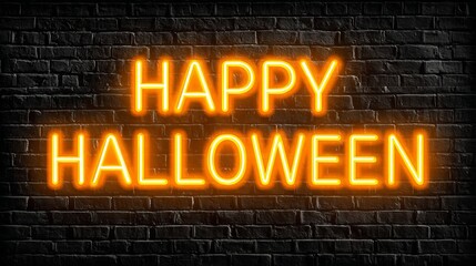 On a dark background with texture, a neon sign reads Happy Halloween