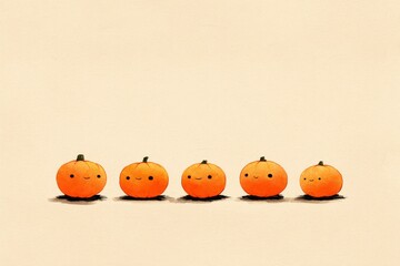 Naklejka premium Smiling faces adorn a row of cheerful pumpkins on a background with texture