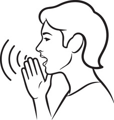 Profile line art vector icon of a person shouting an announcement or calling for attention