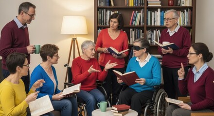 Engaging book club meeting with diverse seniors discussing literature in cozy library setting