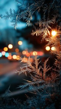 Close up of beautiful frost crystals on a branch with colorful city lights bokeh in background