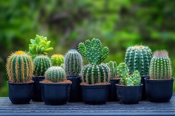 Various small cacti and succulent plants in black pots lined up on a wooden surface with a blurred natural green background