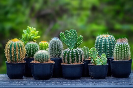Various small cacti and succulent plants in black pots lined up on a wooden surface with a blurred natural green background