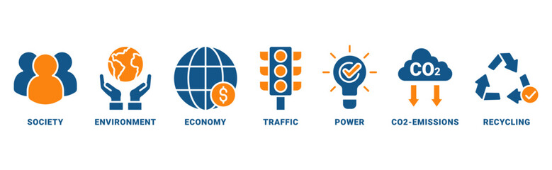 Sustainability icon set vector concept with icon of society, economic, traffic, power, co2 emission, recycling 