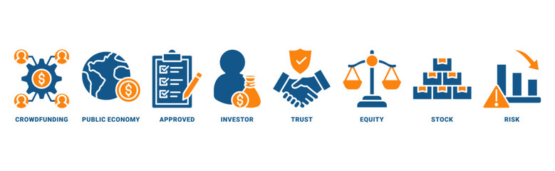 IPO (Initial Public Offering) icon set vector concept with icon of crowdfunding, public company, approved, investor, trust, equity, stock, risk 