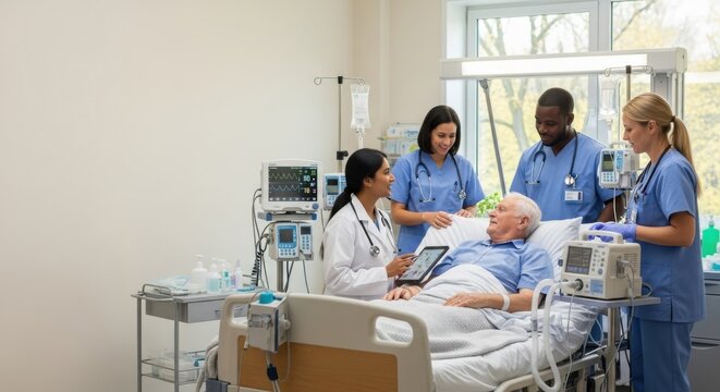 Medical team providing care to elderly patient in hospital room setting
