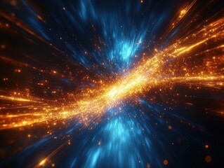 Obraz premium Vibrant cosmic explosion with radiant blue and golden streaks of light converging in a dynamic burst creating a sense of energy and motion