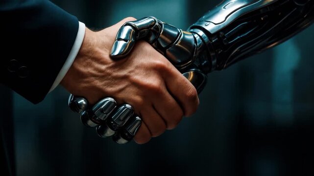 Businessman shaking hands with a metallic cyborg or android hand representing artificial intelligence