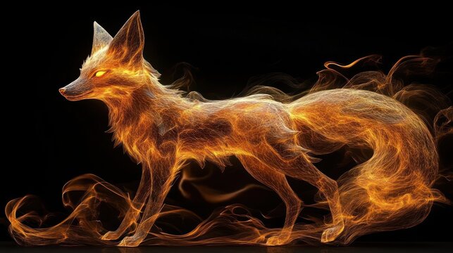Glowing fiery fox with bright eyes and ethereal flames flowing around its body on a black background, evoking a sense of mysticism and energy