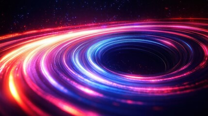 Vivid glowing circular light trails in vibrant blue, purple, and red colors swirling around a dark central void with starry background creating a dynamic cosmic effect
