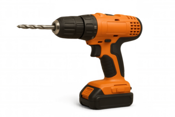 Cordless drill with orange and black casing, professional power tool for construction, diy, and home improvement work