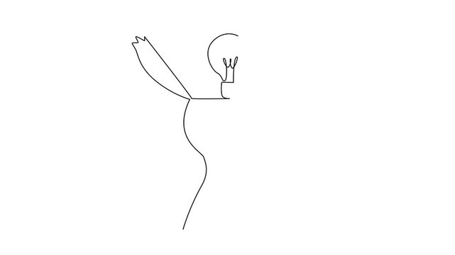 Animation of single continuous line drawing the top of the head is open and there is light bulb above. Putting out very rational ideas. Solve problem. National Creativity Day. Full length motion