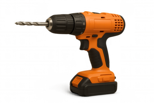 Cordless drill with orange and black casing, professional power tool for construction, diy, and home improvement work