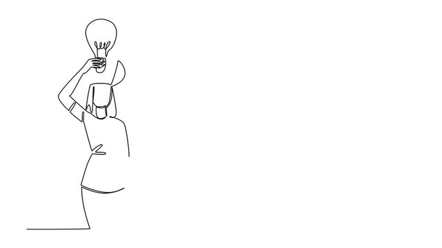 Animated self drawing of single continuous line drawing a woman with head uncover and lifts a lightbulb above her head. Bringing out the harmony. Smart. National Creativity Day. Full length animation
