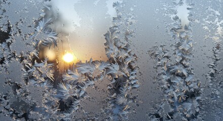 Winter solstice frost patterns with sunrise on a cold morning for seasonal celebrations or winter-themed designs
