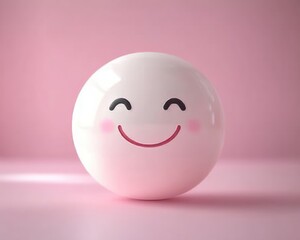 Fototapeta premium Glossy white spherical object with a happy smiling face and blushing cheeks on a soft pink background conveying joy and friendliness