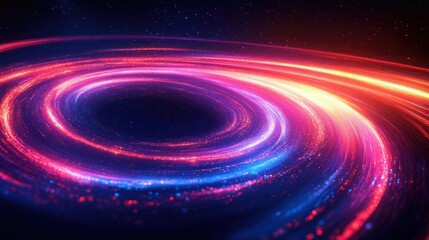 Vibrant swirling neon light trails forming a glowing vortex in outer space with stars in the background, creating a dynamic and futuristic atmosphere
