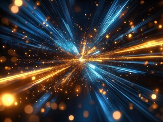 Obraz premium Dynamic explosion of blue and orange light streaks radiating from a central point with glowing particles, conveying energy and motion in a dark space