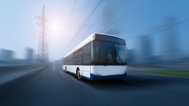 Electric public transport bus moving quickly on urban road, powered by clean energy, with cityscape and power lines in background, symbolizing sustainable and eco friendly travel