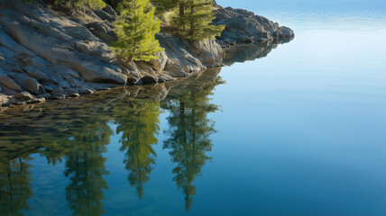Rocky shoreline with pine trees reflected in calm blue water, tranquil natural landscape, clear sky, peaceful atmosphere, serene outdoor scene, nature beauty