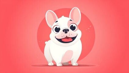 Obraz premium The illustration features a charming cartoon French Bulldog displaying a happy expression on a soft pastel pink background