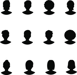 Twelve Black Silhouettes of Diverse Human Head and Shoulder Profiles with Varied Hairstyles on a White Background