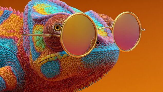 The image depicts a cool lizard with sunglasses, presented in a full body view, isolated on a flat colored background, as quirky art