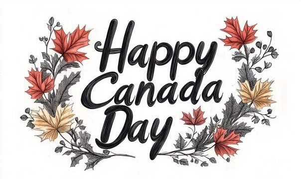 Hand-lettered greeting saying Happy Canada Day surrounded by detailed autumn leaves and foliage in warm red and yellow tones expressing celebration and warmth