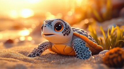 close-up of a baby sea turtle with big eyes crawling on sandy beach at sunset with warm golden light and blurred vegetation in the background