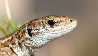 Naklejka premium Close-up shot of lizard head. Scaly skin is visible with blurred background. Head is angled toward the right