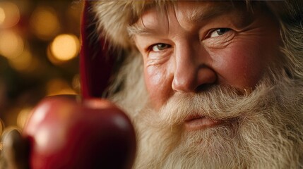 Cinematic lighting Christmas portrait Santa,Photorealistic Santa Claus holding apple