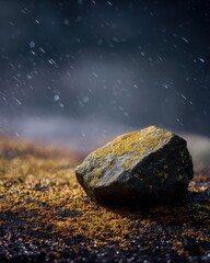 Lichen-Covered Rock Surrounded by Rain Droplets on Forest Floor