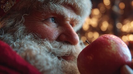 Cinematic lighting Christmas portrait Santa,Photorealistic Santa Claus holding apple