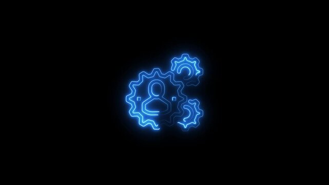 Neon blue human profile icon with interlocking gears animated glowing effect on black background 4k animation video 