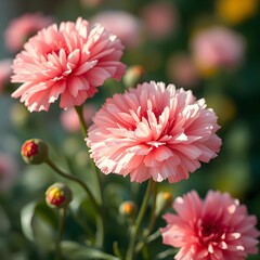 Close-up of vibrant pink flowers in full bloom, showcasing delicate petals and buds.