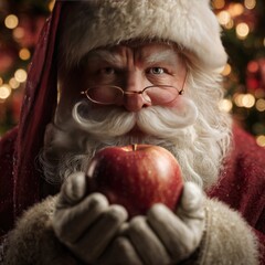 Cinematic lighting Christmas portrait Santa,Photorealistic Santa Claus holding apple