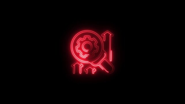Red neon gear magnifying glass with upward arrows on black background representing S E O growth 4k animation video
