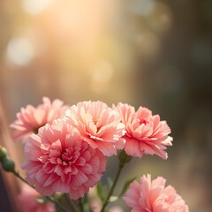 A close-up view of several pink carnation flowers in bloom, with soft focus and a warm, sunny bokeh background.
