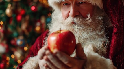 Cinematic lighting Christmas portrait Santa,Photorealistic Santa Claus holding apple