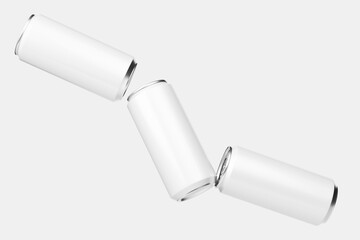 Three Colorful Soda Can Mockups Floating Dynamically Against a Clean Background