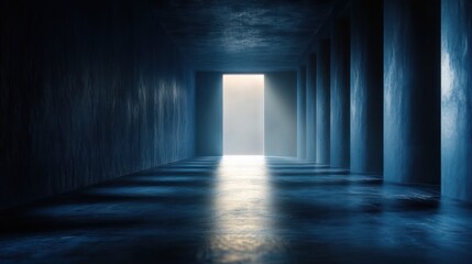 Dimly lit corridor with textured walls and columns leading to a bright open doorway emitting soft light, evoking a sense of mystery and hope