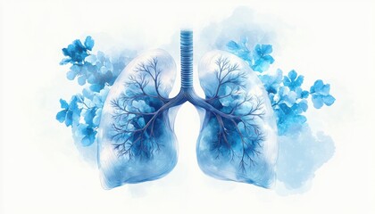 Blue-toned artistic illustration of human lungs with detailed bronchial branches surrounded by delicate blue flowers symbolizing respiratory health and nature