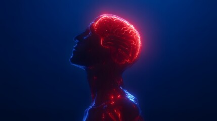 Glowing human head with red brain and blue body on dark background.