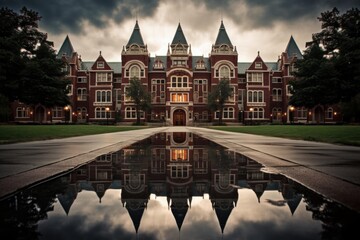 Tcu administration building reflecting in water on campus at dusk with dramatic sky