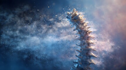 Vertebrae structure disintegrates into dust against a cloudy sky.