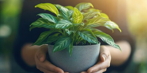 Close-up of hands gently holding a green potted plant with lush broad leaves in soft natural sunlight