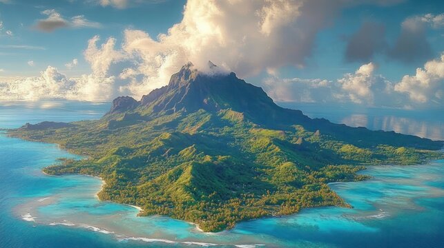 A lush green volcanic island surrounded by turquoise waters under a partly cloudy blue sky - Powered by Adobe