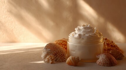 Whipped Body Butter Jar Surrounded by Seashells and Warm Sunlight